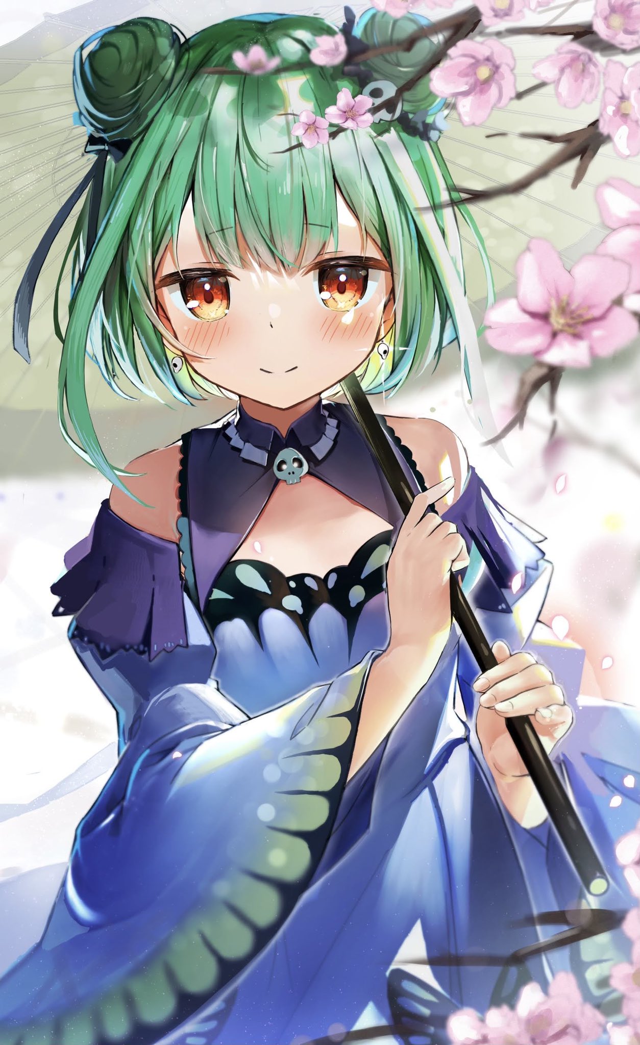 1girl bangs bare_shoulders blush breasts bug butterfly detached_sleeves double_bun dress eyebrows_visible_through_hair green_hair hair_ornament highres hololive insect jewelry looking_at_viewer open_mouth red_eyes rinki_oohen short_hair skull_hair_ornament solo umbrella uruha_rushia virtual_youtuber