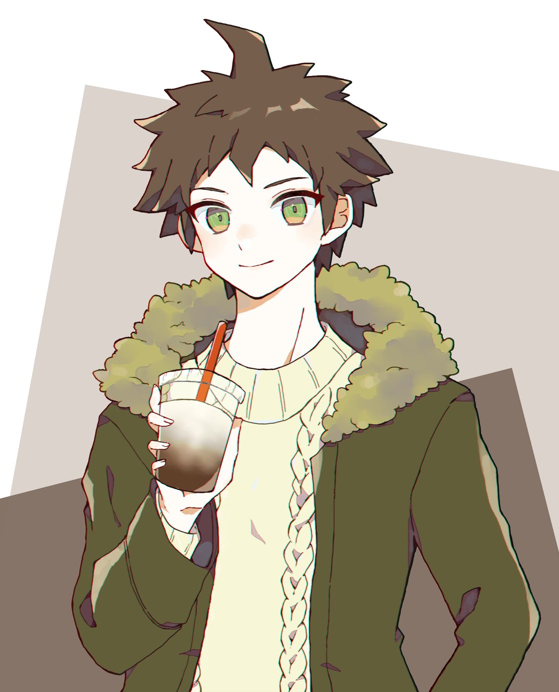 1boy ahoge alternate_costume beige_sweater braid brown_background brown_eyes brown_hair closed_mouth commentary_request cup dangan_ronpa_(series) dangan_ronpa_2:_goodbye_despair drinking_straw fur-trimmed_jacket fur_trim green_eyes green_jacket grey_background hand_up highres hinata_hajime holding holding_cup jacket looking_at_viewer lun_(dbvajzr) male_focus short_hair smile solo sweater upper_body white_background