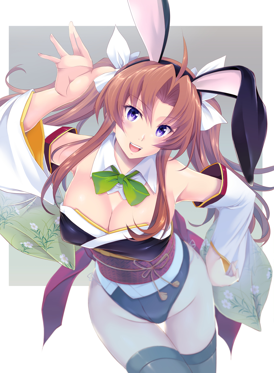 1girl alternate_breast_size alternate_costume animal_ears black_legwear black_leotard breasts brown_hair covered_navel detached_collar detached_sleeves eyebrows_visible_through_hair fake_animal_ears floral_print green_ribbon hair_ribbon highres japanese_clothes kagerou_(kancolle) kantai_collection leotard long_hair looking_at_viewer map_(blue_catty) medium_breasts playboy_bunny rabbit_ears ribbon sash solo strapless strapless_leotard thigh-highs twintails violet_eyes wide_sleeves