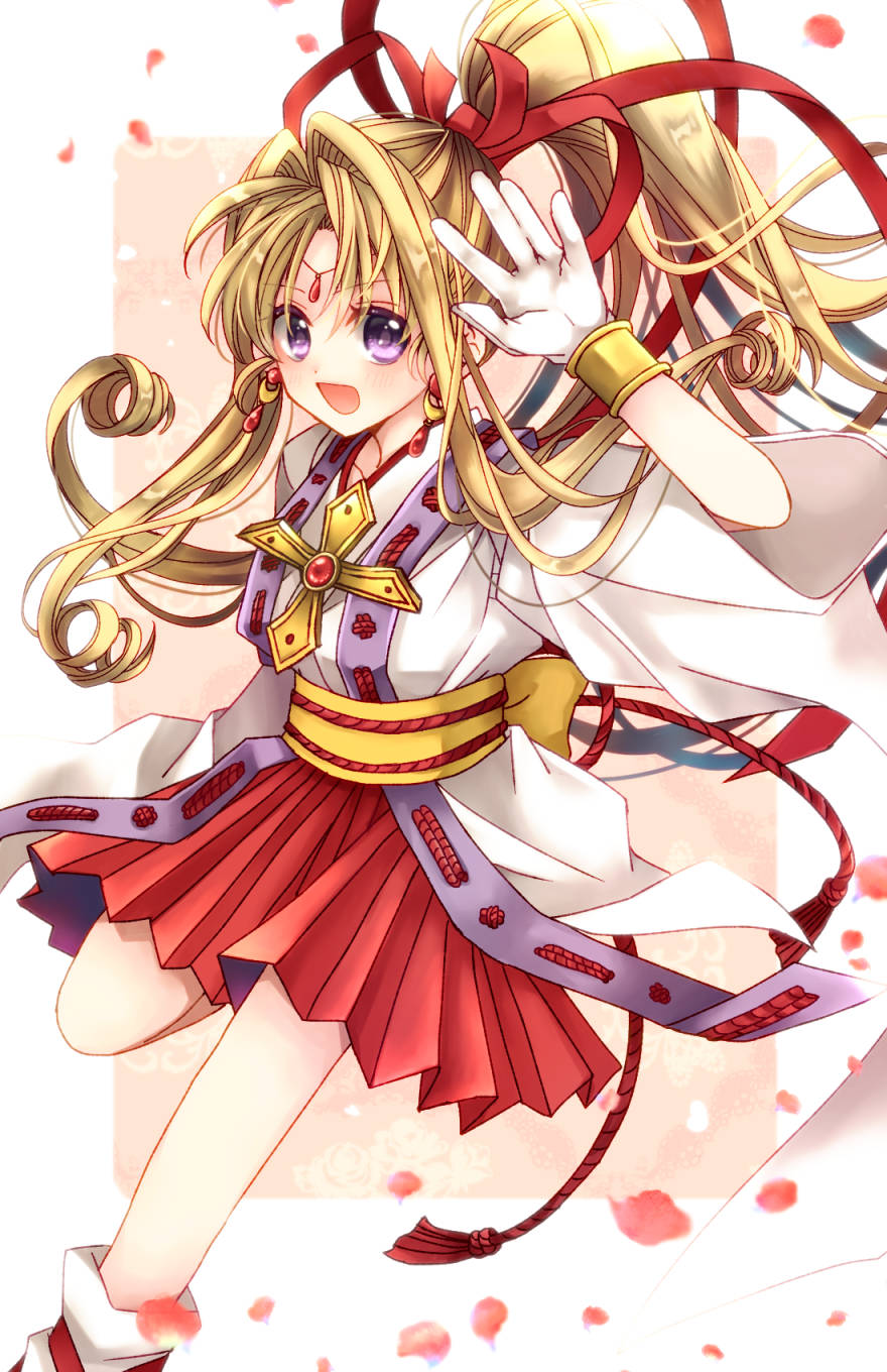 1girl :d back_bow blonde_hair boots bow cross earrings gloves hair_bow hair_intakes hair_ribbon hayakawa_sashimi highres jewelry kaitou_jeanne kamikaze_kaitou_jeanne knee_boots kusakabe_maron long_hair looking_at_viewer magical_girl open_mouth petals pleated_skirt ponytail red_bow red_ribbon red_skirt ribbon skirt smile solo violet_eyes white_footwear white_gloves yellow_bow
