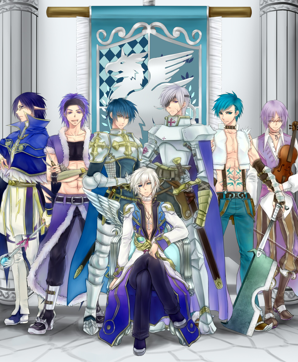 6+boys abs alternate_color angel_wings armor armored_boots axe bangs banner bare_pecs belt black_belt black_coat black_footwear black_gloves black_pants black_sclera black_shirt black_wings blue_cape blue_capelet blue_eyes blue_hair blue_jacket blue_pants boots breastplate brown_belt brown_footwear brown_pants cape capelet chainmail chair closed_mouth coat colored_sclera column commentary_request crop_top cross cross_necklace crossed_arms dagger emblem eyebrows_visible_through_hair eyepatch fingerless_gloves full_body fur-trimmed_cape fur-trimmed_capelet fur-trimmed_jacket fur-trimmed_pants fur_trim gauntlets glasses gloves grey_hair hair_between_eyes hairband head_tilt high_collar high_priest_(ragnarok_online) high_wizard_(ragnarok_online) holding holding_axe holding_dagger holding_instrument holding_staff holding_sword holding_weapon ice_pick instrument jacket jewelry layered_clothing leg_armor long_sleeves looking_at_viewer lord_knight_(ragnarok_online) medium_hair minstrel_(ragnarok_online) mismatched_sclera multiple_boys necklace open_clothes open_jacket open_mouth open_shirt paladin_(ragnarok_online) pantaloons pants pauldrons pillar pointy_ears pouch purple_hair purple_vest ragnarok_online retgra scabbard scar scar_on_face sheath shirt shoes short_hair short_sleeves shoulder_armor single_wing sitting sleeveless sleeveless_shirt smile spiked_gauntlets staff stalker_(ragnarok_online) standing stomach_tattoo suspenders sword tabard tattoo torn_clothes torn_shirt vest violet_eyes violin waist_cape weapon white_coat white_footwear white_gloves white_hair white_pants white_shirt whitesmith_(ragnarok_online) wings