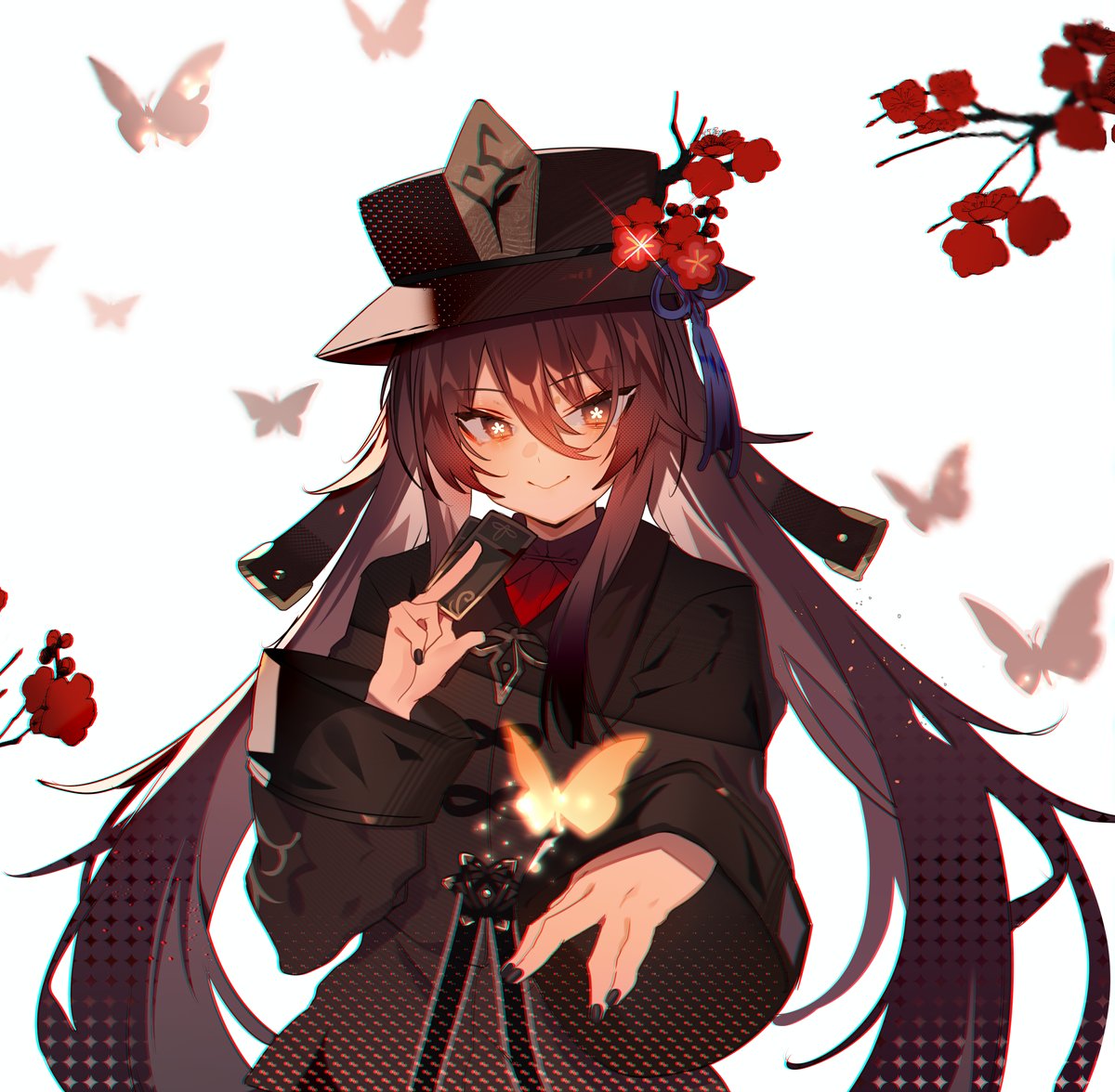 1girl bangs black_coat black_headwear blush breasts brown_hair bug butterfly coat flower genshin_impact hat hat_flower hu_tao insect long_hair long_sleeves looking_at_viewer plum_blossoms red_eyes small_breasts smile soukou_makura symbol-shaped_pupils twintails very_long_hair