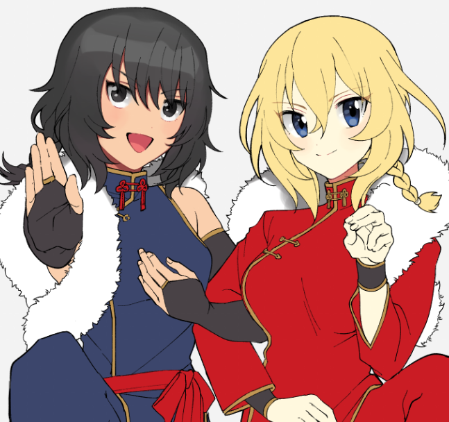 2girls andou_(girls_und_panzer) bangs black_hair blonde_hair blue_dress blue_eyes blue_pants bracer braid bridal_gauntlets brown_eyes chinese_clothes closed_mouth commentary dark_skin dress fighting_stance fur_scarf girls_und_panzer girls_und_panzer_senshadou_daisakusen! grey_background hair_tie high_collar leg_up locked_arms long_sleeves looking_at_viewer medium_hair messy_hair multiple_girls official_alternate_costume open_mouth oshida_(girls_und_panzer) pants red_pants red_sash red_shirt sash shirt side-by-side simple_background single_braid sleeveless sleeveless_dress smile tan3charge tangzhuang