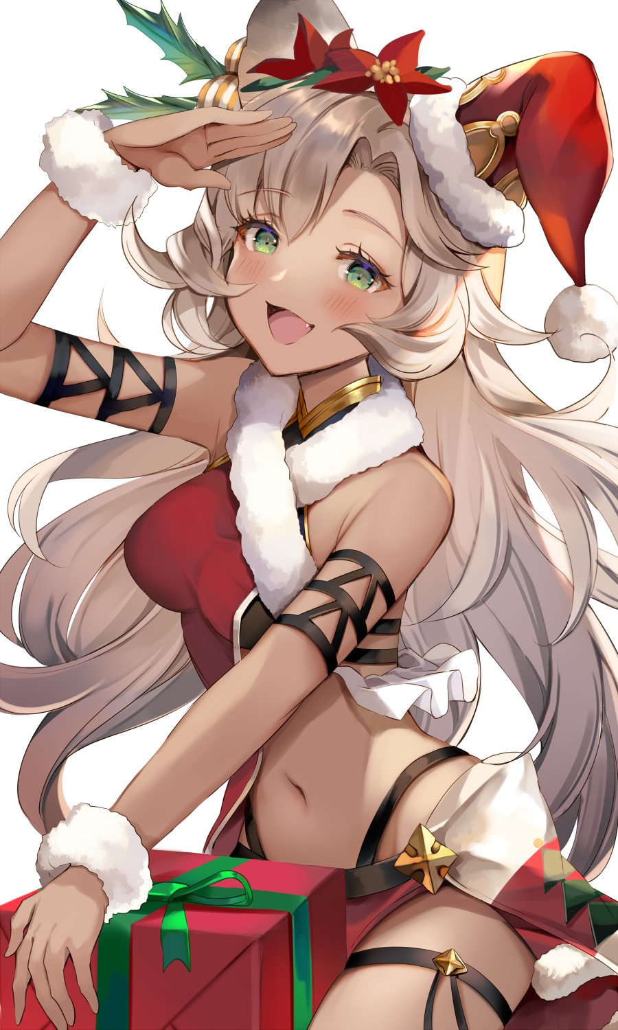 1girl animal_ears aoi_(kirabosi105) bangs bare_shoulders blush box breasts christmas commentary_request erune eyebrows_visible_through_hair fang flower fur_trim gift gift_box granblue_fantasy green_eyes hair_flower hair_ornament hat highres long_hair looking_at_viewer medium_breasts midriff navel nemone open_mouth santa_hat simple_background sleeveless smile solo stomach thigh_strap thighs very_long_hair white_background