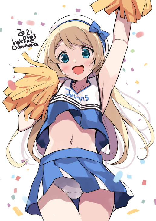 1girl :d alternate_costume blonde_hair blue_eyes blue_skirt blush cheering cheerleader clothes_writing collarbone commentary_request confetti cowboy_shot crop_top crop_top_overhang dated eyebrows_visible_through_hair hat holding holding_pom_poms jervis_(kancolle) kantai_collection long_hair looking_at_viewer midriff navel odawara_hakone open_mouth panties pantyshot pleated_skirt pom_poms sailor_hat shirt skirt sleeveless sleeveless_shirt smile solo twintails twitter_username underwear white_background white_headwear white_panties