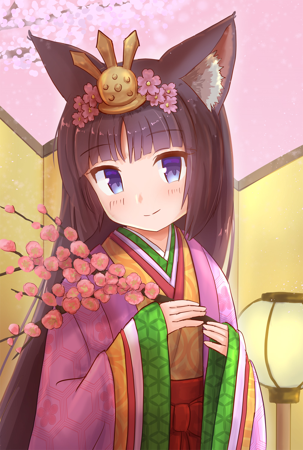 1girl animal_ear_fluff animal_ears bangs blue_eyes blush branch brown_hair cat_ears closed_mouth commentary_request eyebrows_visible_through_hair flower hair_flower hair_ornament headpiece highres hinamatsuri holding holding_branch iroha_(iroha_matsurika) japanese_clothes kimono layered_clothing layered_kimono long_hair long_sleeves mutsuki_(iroha_(iroha_matsurika)) original pink_flower pink_kimono sleeves_past_wrists smile solo upper_body very_long_hair wide_sleeves