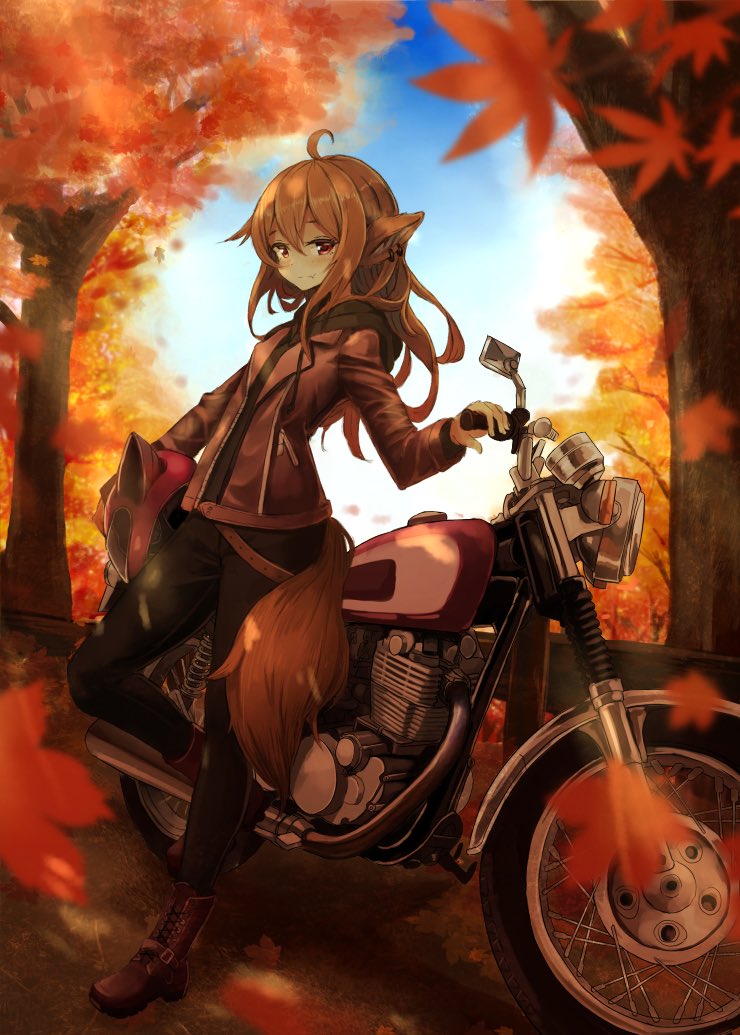 159cm 1girl ahoge animal_ears autumn_leaves black_footwear blue_sky brown_hair brown_jacket closed_mouth day ground_vehicle helmet holding jacket long_sleeves looking_at_viewer motor_vehicle motorcycle motorcycle_helmet outdoors red_eyes shoes sky smile solo standing standing_on_one_leg tail tree