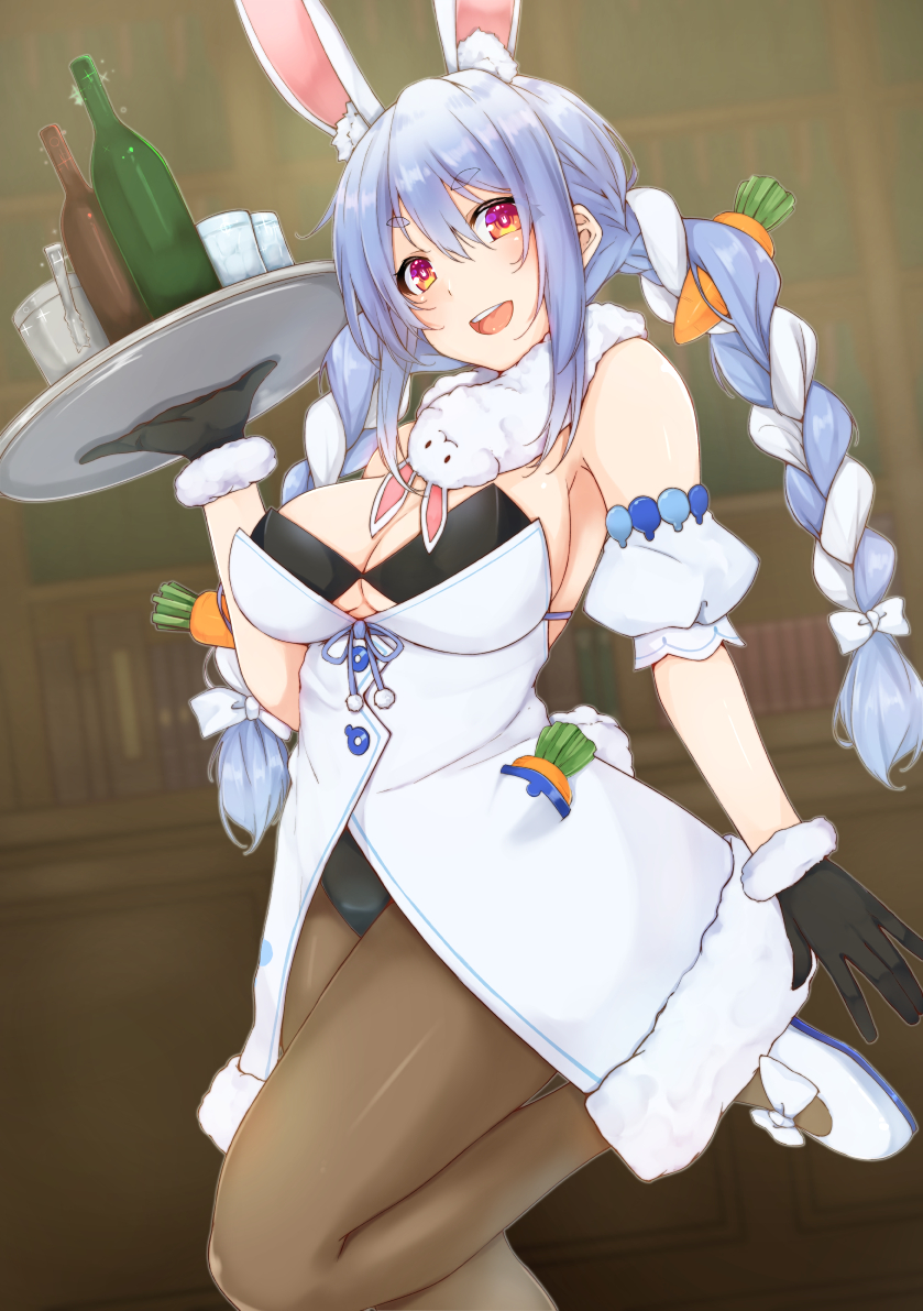 1girl :d alternate_breast_size animal_ear_fluff animal_ears bangs bare_shoulders black_gloves black_legwear black_leotard blue_hair braid breasts bunny-shaped_pupils bunny_tail carrot_hair_ornament clothing_cutout coat commentary_request cowboy_shot detached_sleeves don-chan_(usada_pekora) food_themed_hair_ornament fur-trimmed_coat fur-trimmed_gloves fur_scarf fur_trim gloves hair_between_eyes hair_ornament hikimayu holding holding_tray hololive knee_up large_breasts leg_up leotard leotard_under_clothes long_hair looking_at_viewer mary_janes multicolored_hair open_mouth orange_eyes pantyhose playboy_bunny puffy_short_sleeves puffy_sleeves rabbit_ears rabbit_girl red_eyes scarf shoes short_eyebrows short_sleeves shu-ten smile solo standing standing_on_one_leg strapless strapless_coat strapless_leotard tail tray twin_braids twintails two-tone_hair underboob_cutout upper_teeth usada_pekora v-shaped_eyebrows virtual_youtuber white_coat white_footwear white_hair white_scarf white_sleeves