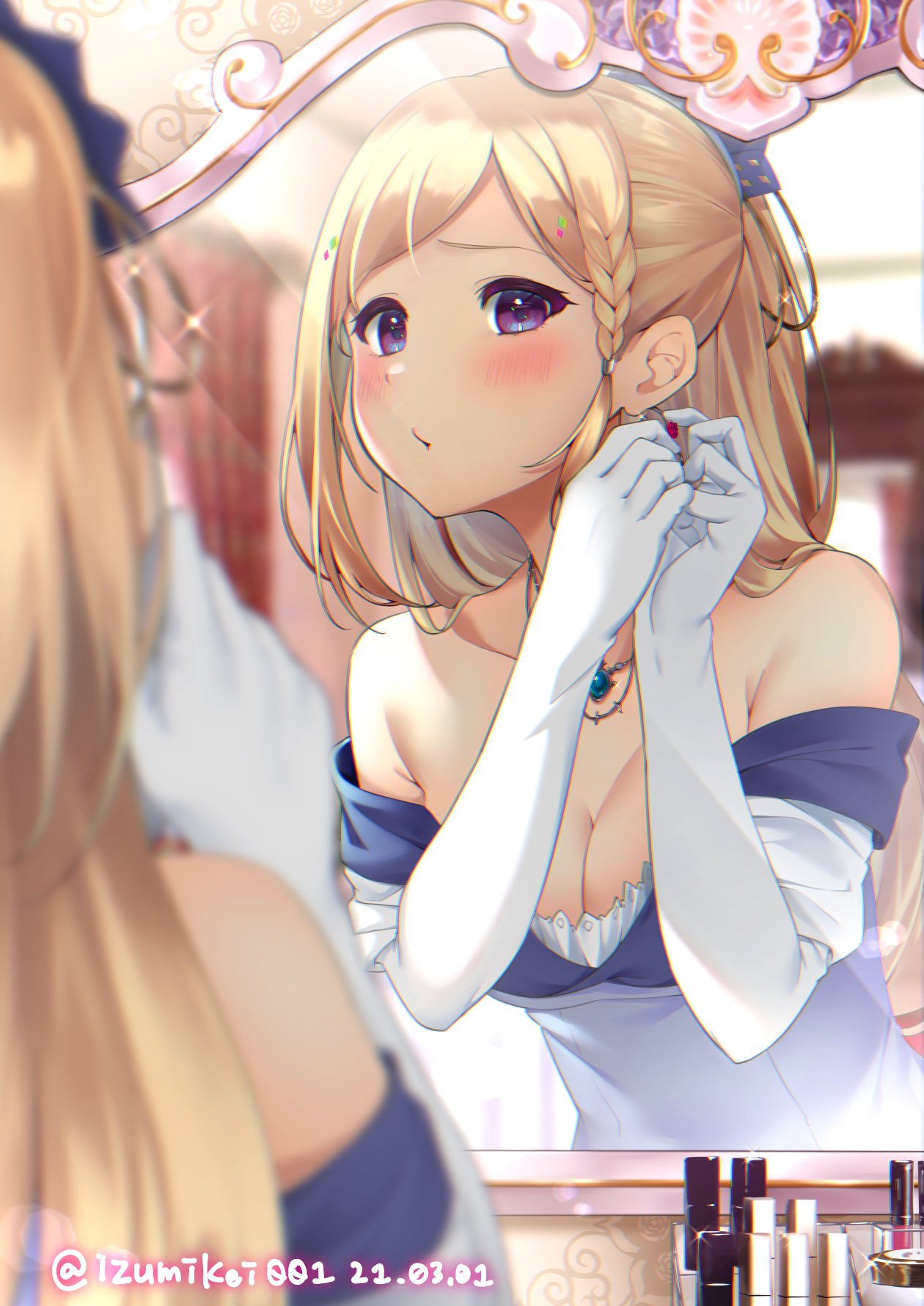 1girl aki_rosenthal bangs bare_shoulders blonde_hair blush braid breasts collarbone dated dress earrings elbow_gloves gloves highres hololive izumikei001 jewelry long_hair medium_breasts mirror necklace parted_bangs reflection signature solo twitter_username violet_eyes virtual_youtuber white_dress white_gloves