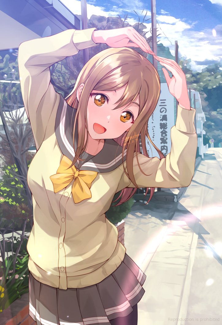 1girl bangs birthday breasts brown_hair cardigan clouds cloudy_sky commentary_request eyebrows_visible_through_hair kunikida_hanamaru long_hair looking_at_viewer love_live! love_live!_sunshine!! medium_breasts miniskirt pantyhose school_uniform shamakho shiny shiny_hair sidelocks signature skirt sky solo uranohoshi_school_uniform yellow_eyes