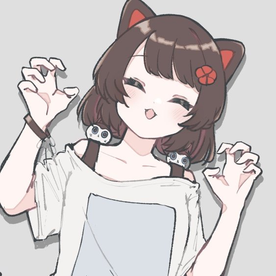 1girl 2015ma14 animal_ears black_tank_top blush brown_hair casual claw_pose closed_eyes collarbone commentary dog_ears facing_viewer fangs flat_chest flower grey_background hair_flower hair_ornament head_tilt inui_toko nijisanji off-shoulder_shirt off_shoulder official_alternate_costume open_mouth romaji_commentary shirt short_hair simple_background smile solo tank_top upper_body virtual_youtuber white_shirt wristband