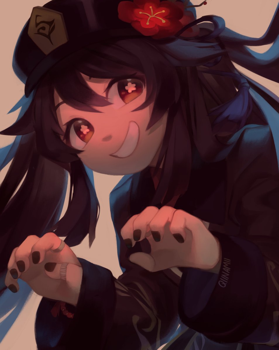 1girl artist_name bangs black_headwear black_nails fingers flower genshin_impact hat highres hu_tao jewelry long_sleeves looking_at_viewer nail_polish qiinamii red_eyes red_flower ring smile solo symbol-shaped_pupils teeth twintails