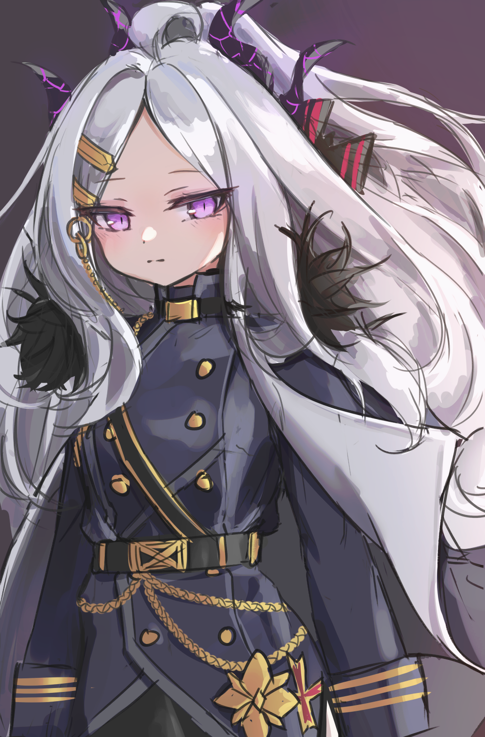 beliatan belt blue_archive gothic_lolita hair_ornament highres loli lolita_fashion long_hair long_sleeves military military_uniform ponytail uniform uniform_vest violet_eyes white_hair