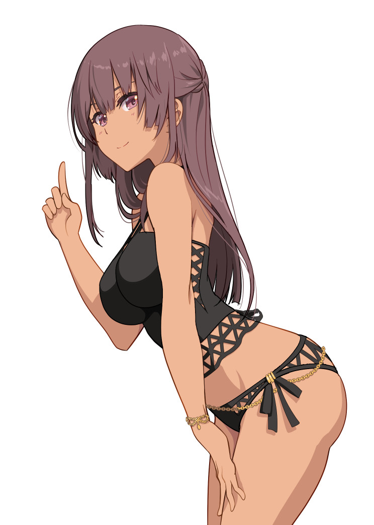 1girl alice_gear_aegis black_swimsuit bracelet chain commentary_request cowboy_shot dark_skin fatima_betrorum gold_chain jewelry long_hair looking_at_viewer pinakes pointing pointing_up purple_hair simple_background smile solo swimsuit white_background