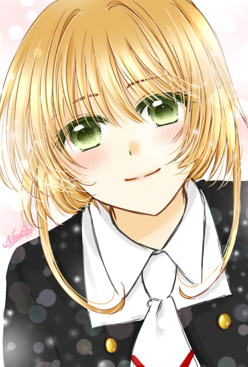 1girl bangs blonde_hair blush cardcaptor_sakura closed_mouth collared_shirt eyebrows_visible_through_hair green_eyes hair_between_eyes kanaoto_neiro kinomoto_sakura lens_flare looking_at_viewer necktie portrait school_uniform shirt short_hair_with_long_locks sidelocks signature smile solo tomoeda_elementary_school_uniform white_neckwear wing_collar