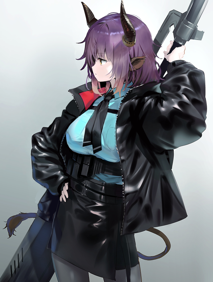 1girl animal_ears arknights belt black_jacket blue_shirt breasts collared_shirt cow_ears cow_horns cow_tail holding holding_sword holding_weapon horns jacket large_breasts leather_skirt necktie pantyhose shirt sideroca_(arknights) simple_background skirt solo sword tail thigh_pouch utility_belt wasabi60 weapon white_background