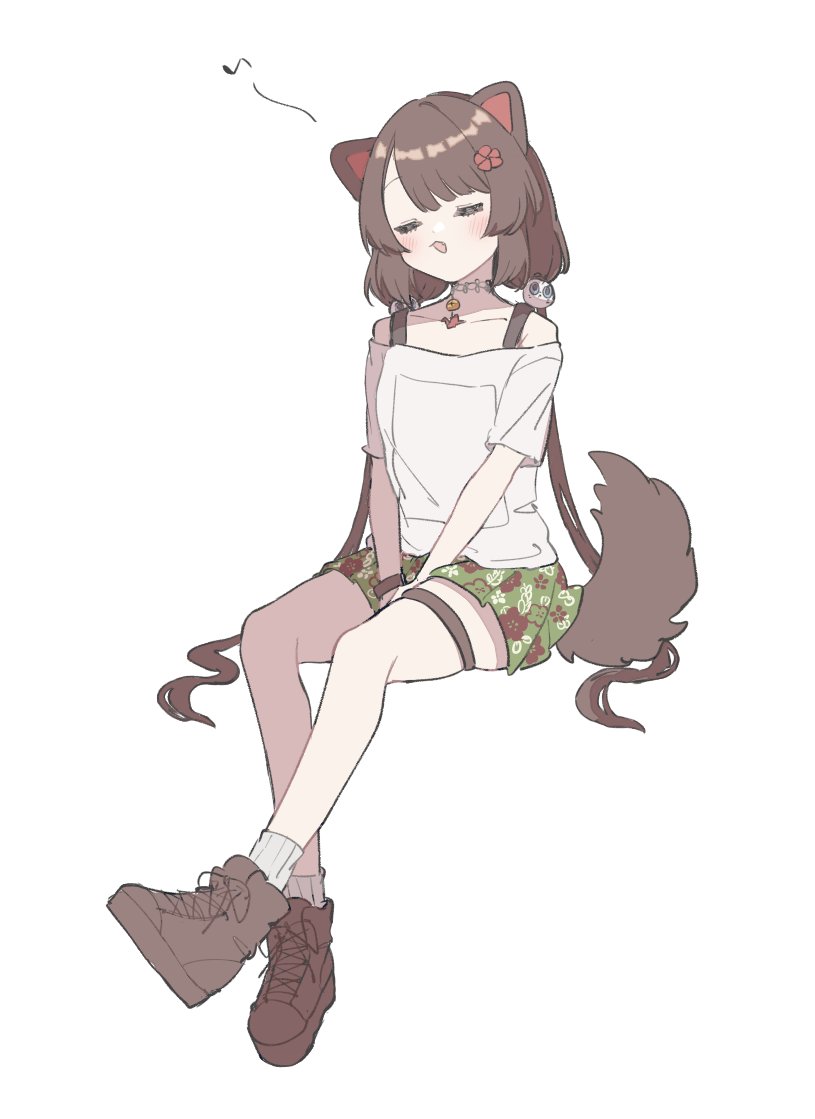 1girl 2015ma14 animal_ears asymmetrical_bangs bangs bell black_tank_top blush breasts brown_footwear brown_hair casual closed_eyes collarbone commentary cross-laced_footwear dog_ears dog_tail fangs floral_print flower full_body green_skirt hair_flower hair_ornament humming inui_toko invisible_chair miniskirt musical_note neck_bell nijisanji off-shoulder_shirt off_shoulder official_alternate_costume open_mouth parted_bangs pleated_skirt ribbed_legwear shirt shoes short_hair_with_long_locks short_sleeves simple_background sitting skirt small_breasts smile sneakers socks solo symbol_commentary tail tank_top thigh_strap white_background white_legwear white_shirt wristband