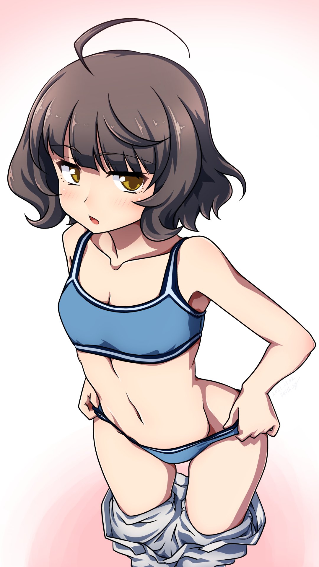 1girl 547th_sy ahoge bangs blue_panties blunt_bangs blush brown_eyes brown_hair eyebrows_visible_through_hair flat_chest from_above gradient gradient_background highres kantai_collection kishinami_(kancolle) looking_at_viewer open_mouth panties short_hair simple_background solo sports_bra underwear undressing