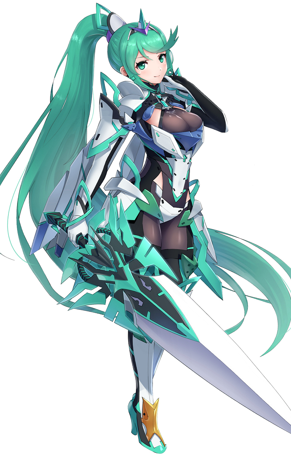 1girl aqua_eyes aqua_hair armor blush boots breasts closed_mouth clothes_writing earrings elbow_gloves faulds full_body gloves gonzarez hand_up high_heel_boots high_heels high_ponytail highres holding holding_sword holding_weapon jewelry large_breasts long_hair looking_at_viewer pneuma_(xenoblade) shoulder_armor simple_background smile solo standing sword thigh-highs thigh_boots very_long_hair weapon white_background white_footwear white_gloves xenoblade_chronicles_(series) xenoblade_chronicles_2