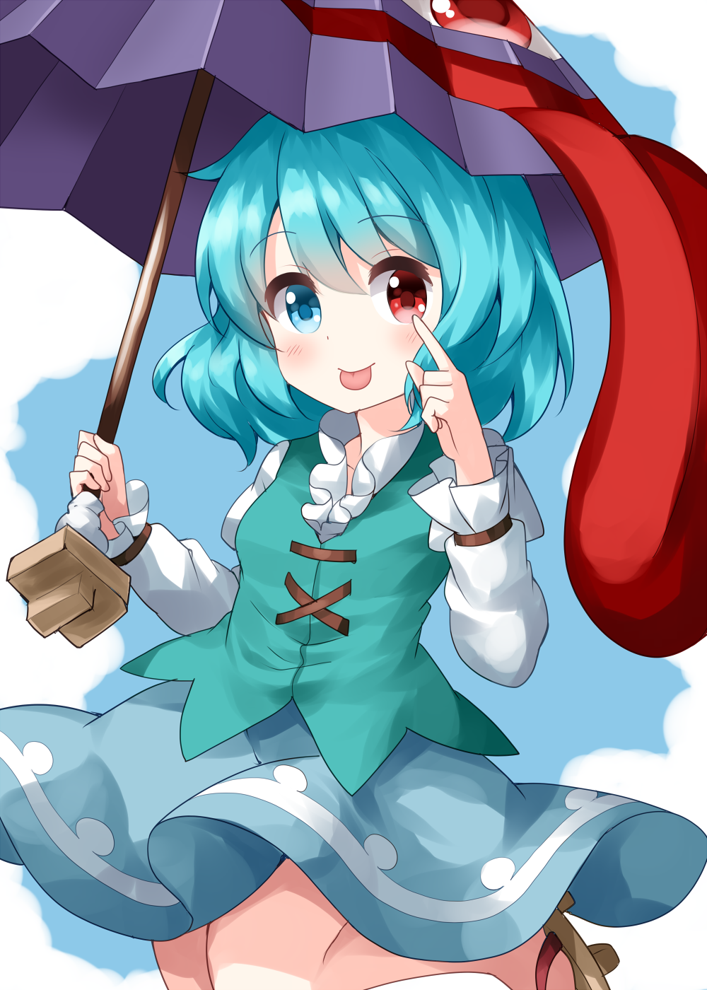 1girl bangs blue_eyes blue_hair blue_skirt blue_vest breasts cowboy_shot cross-laced_clothes eyebrows_visible_through_hair geta hair_between_eyes heterochromia highres holding holding_umbrella juliet_sleeves karakasa_obake leg_up long_sleeves looking_at_viewer puffy_sleeves purple_umbrella red_eyes ruu_(tksymkw) shirt short_hair skirt small_breasts smile solo standing tatara_kogasa tongue tongue_out touhou umbrella vest white_shirt