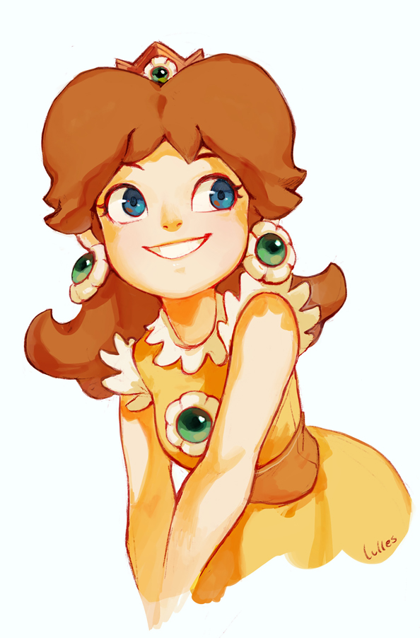 1girl artist_name blue_eyes breasts brooch brown_hair commentary cropped_arms crown dress earrings flipped_hair flower_earrings frills grin jewelry long_hair looking_away looking_to_the_side looking_up luisa_rafidi super_mario_bros. medium_breasts mini_crown nostrils outline parted_hair princess_daisy sideways_glance signature simple_background sleeveless sleeveless_dress smile solo super_mario_land symbol_commentary teeth yellow_dress