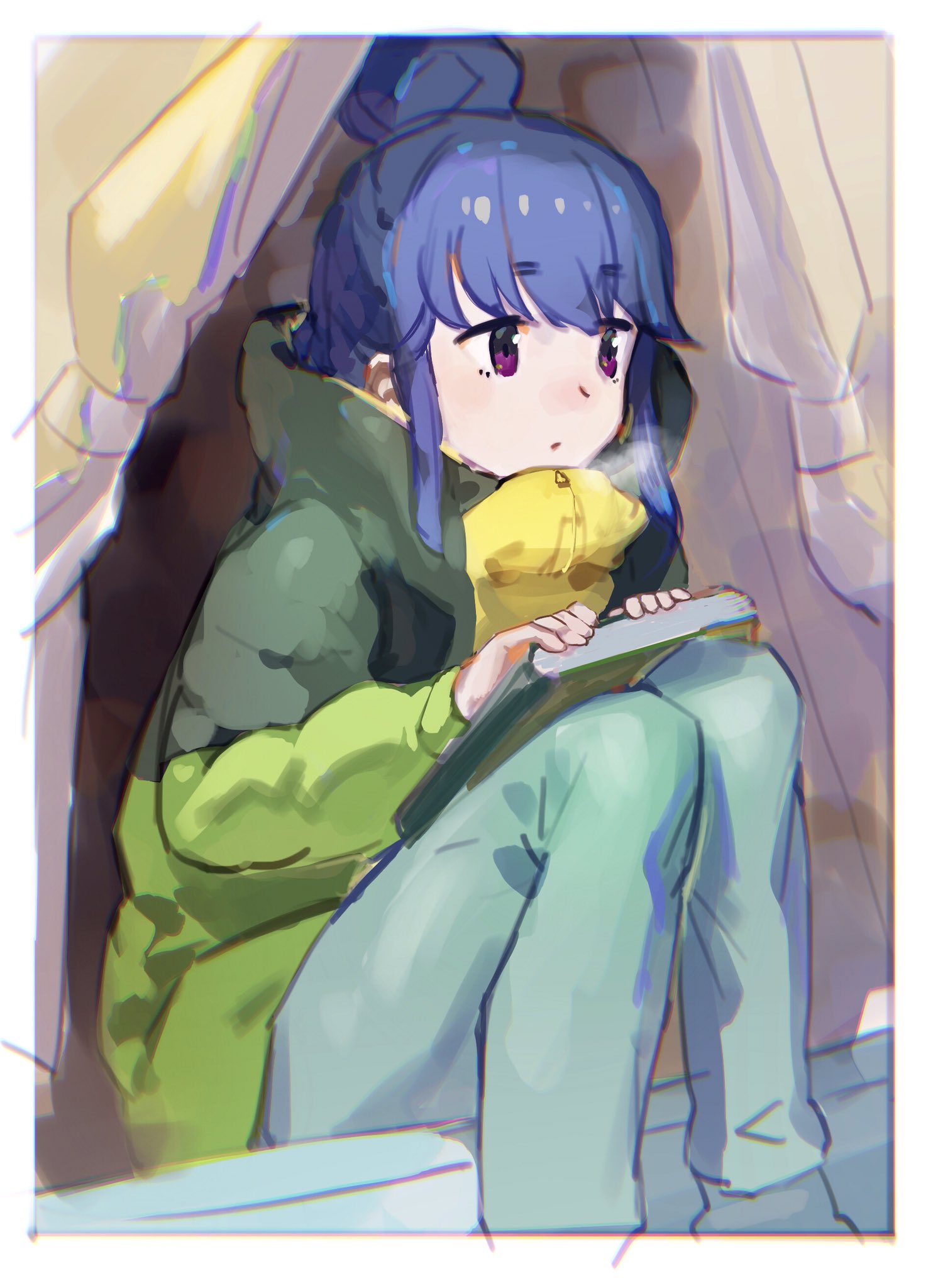 1girl bangs blue_hair book border breath coat eyebrows_visible_through_hair hair_bun highres holding holding_book long_sleeves lynchis pants shima_rin sidelocks sitting solo tent violet_eyes white_border yurucamp