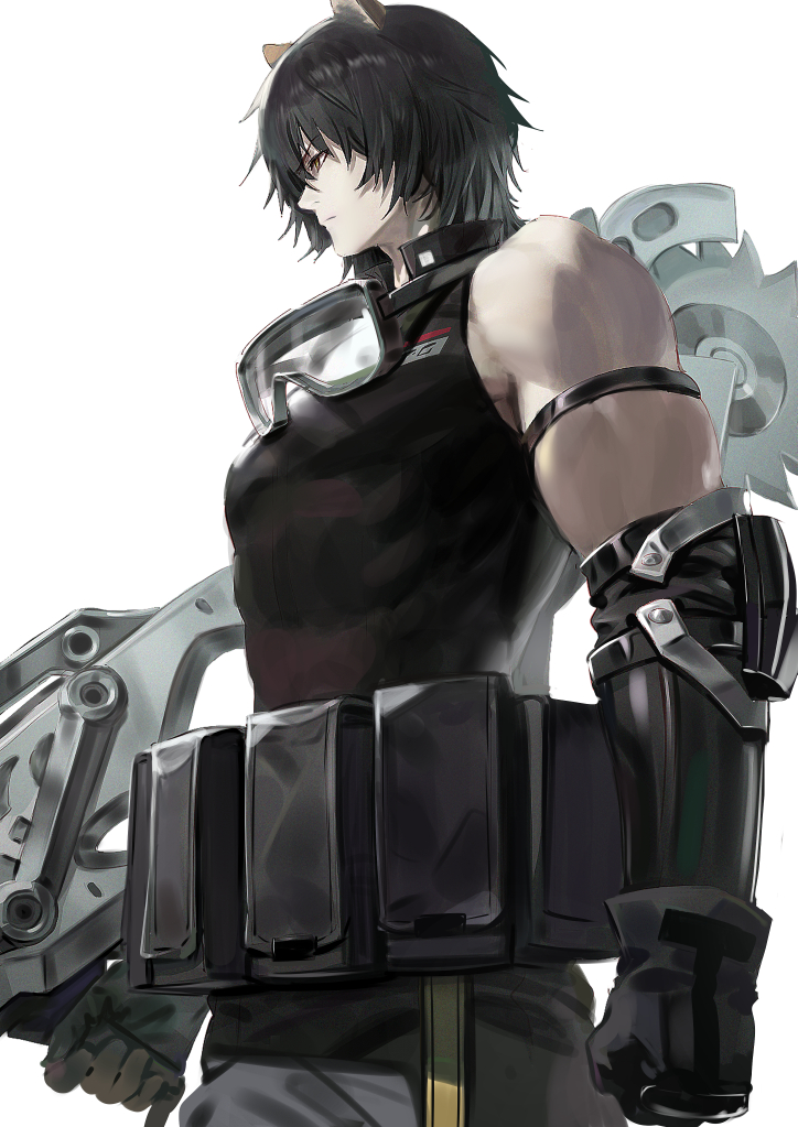 1boy animal_ears arknights armband bare_shoulders belt belt_pouch black_gloves black_hair black_shirt broca_(arknights) clenched_hands closed_mouth from_side gloves goggles goggles_around_neck holding holding_weapon male_focus medium_hair muscular muscular_male pouch profile shirt simple_background solo wasabi60 weapon white_background