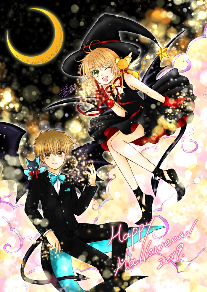 1boy 1girl 2019 ;d antenna_hair bangs black_dress black_headwear black_jacket black_pants blonde_hair blue_neckwear brown_eyes brown_hair cardcaptor_sakura collarbone crescent_moon demon_tail dress gloves green_eyes hair_between_eyes hair_tubes halloween halloween_costume happy_halloween hat index_finger_raised jacket kanaoto_neiro kero kinomoto_sakura lens_flare li_xiaolang long_sleeves moon neck_ribbon one_eye_closed open_mouth pants red_gloves red_ribbon ribbon shirt short_dress short_hair_with_long_locks sidelocks signature sleeveless sleeveless_dress smile tail white_shirt witch_hat