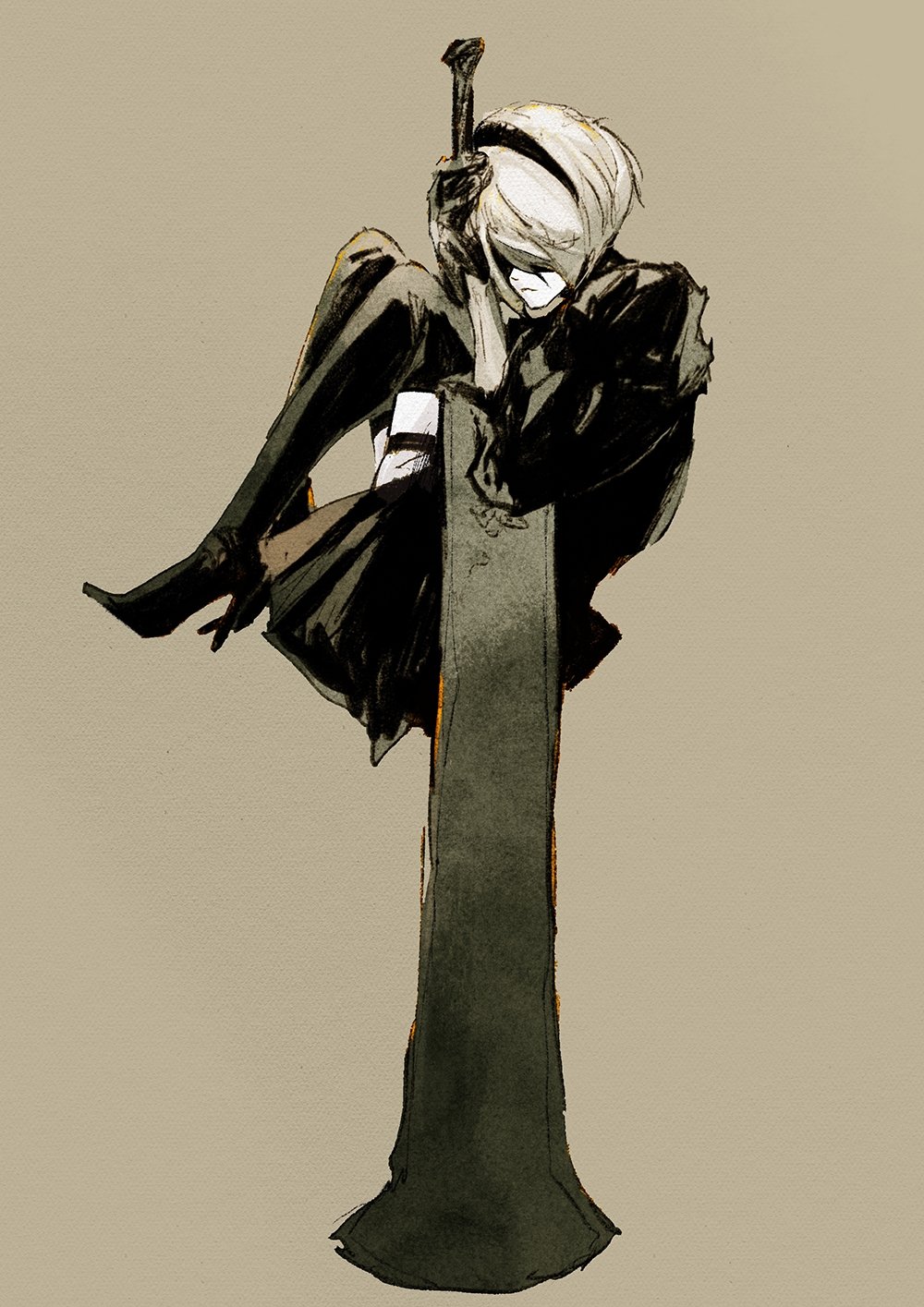 1girl black_blindfold black_gloves black_hairband blindfold boots brown_background chun_lo closed_mouth film_grain gloves greatsword grey_hair hairband high_heels highres holding holding_sword holding_weapon huge_weapon nier_(series) nier_automata puffy_sleeves short_hair simple_background sketch solo sword thigh-highs thigh_boots weapon yorha_no._2_type_b