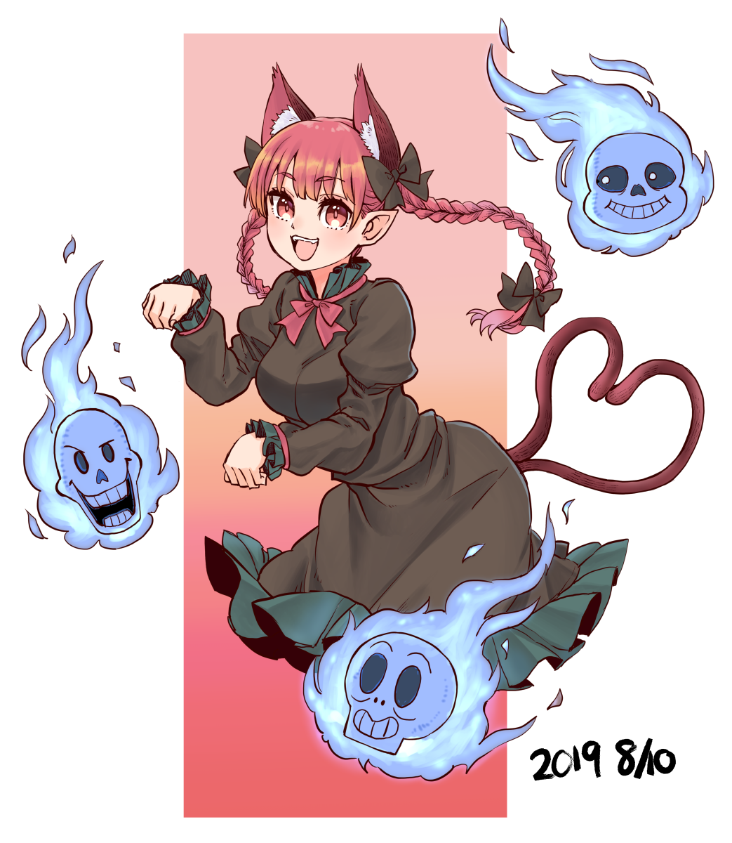 1girl :d animal_ear_fluff animal_ears blush braid breasts cat_ears cat_tail dress green_dress highres hitodama kaenbyou_rin multiple_tails natsushiro nekomata open_mouth papyrus_(undertale) paw_pose red_eyes redhead sans skull smile solo tail touhou twin_braids twintails two_tails undertale