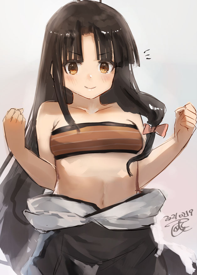 1girl ahoge bandeau black_hair black_skirt brown_eyes clothes_removed dated grey_background hadanugi_dousa hakama_skirt imperial_japanese_navy japanese_clothes kantai_collection kimono long_hair looking_at_viewer low-tied_long_hair open_clothes open_kimono shouhou_(kancolle) signature simple_background skirt solo strapless toka_(marchlizard) tubetop