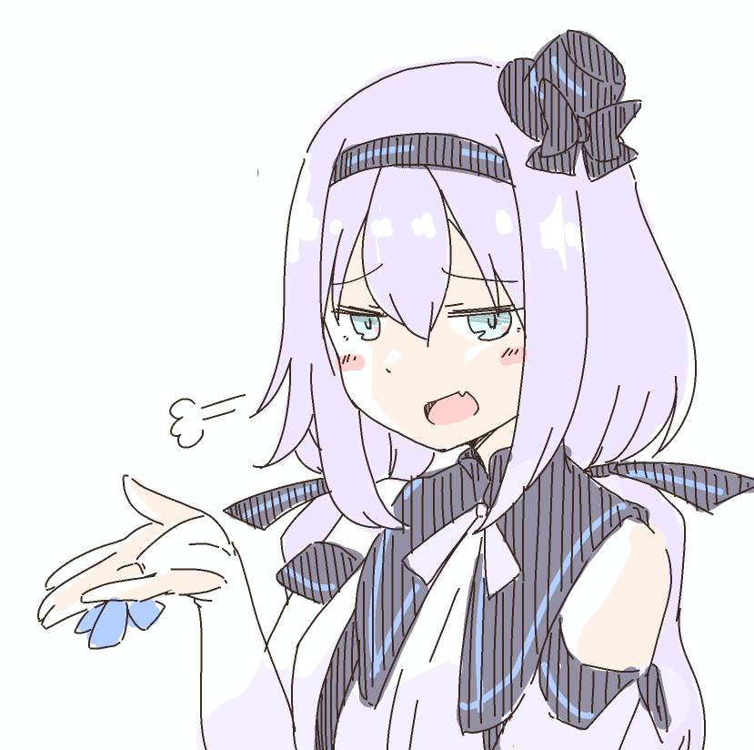 .live 1girl blue_eyes blush_stickers carro_pino detached_sleeves fang hair_between_eyes hat headband long_hair looking_at_viewer open_mouth portrait purple_hair simple_background smug solo tobi_(nekomata_homara) virtual_youtuber white_background