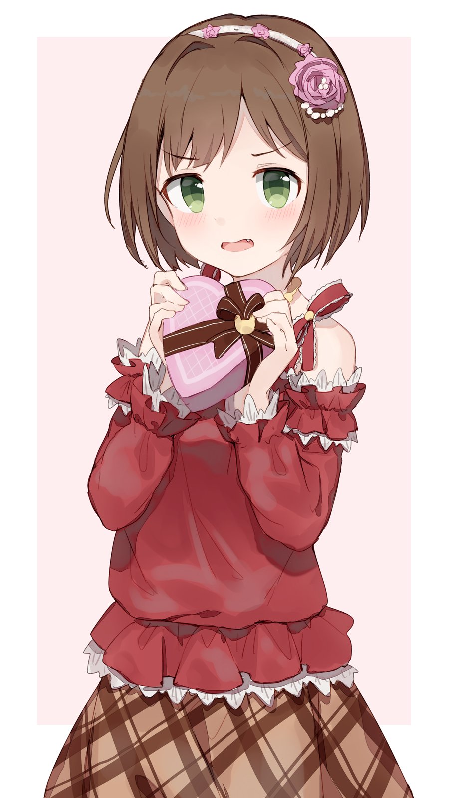 1girl blush box brown_hair brown_skirt eyebrows_visible_through_hair fang flower green_eyes hair_flower hair_ornament hairband heart-shaped_box highres idolmaster idolmaster_cinderella_girls long_sleeves maekawa_miku open_mouth pink_background plaid plaid_skirt red_shirt shirt shone short_hair simple_background skirt solo twintails valentine