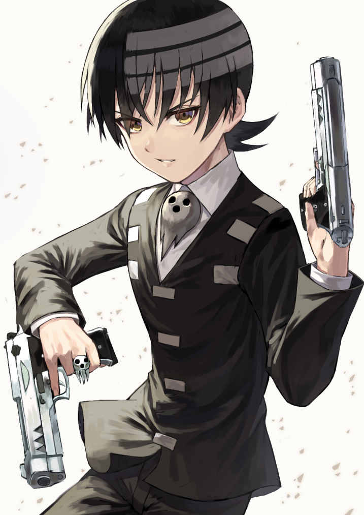1boy bangs black_hair black_jacket black_pants brown_eyes collared_shirt commentary_request contrapposto death_the_kid dual_wielding fagi_(kakikaki) gun hand_up handgun holding holding_gun holding_weapon jacket jewelry long_sleeves looking_at_viewer male_focus multicolored_hair pants parted_lips pistol revision ring shirt short_hair simple_background solo soul_eater trigger_discipline two-tone_hair weapon white_background white_shirt