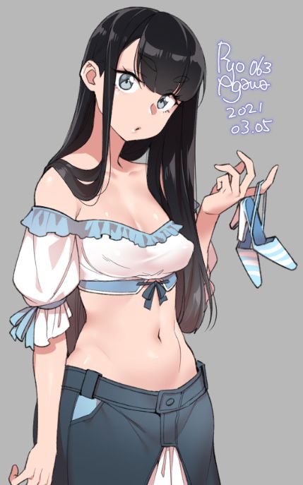 1girl 2021 agawa_ryou bare_shoulders belly black_hair blue_eyes breasts dated english_commentary grey_background high_heels large_breasts long_hair looking_at_viewer midriff navel original parted_lips simple_background smile solo