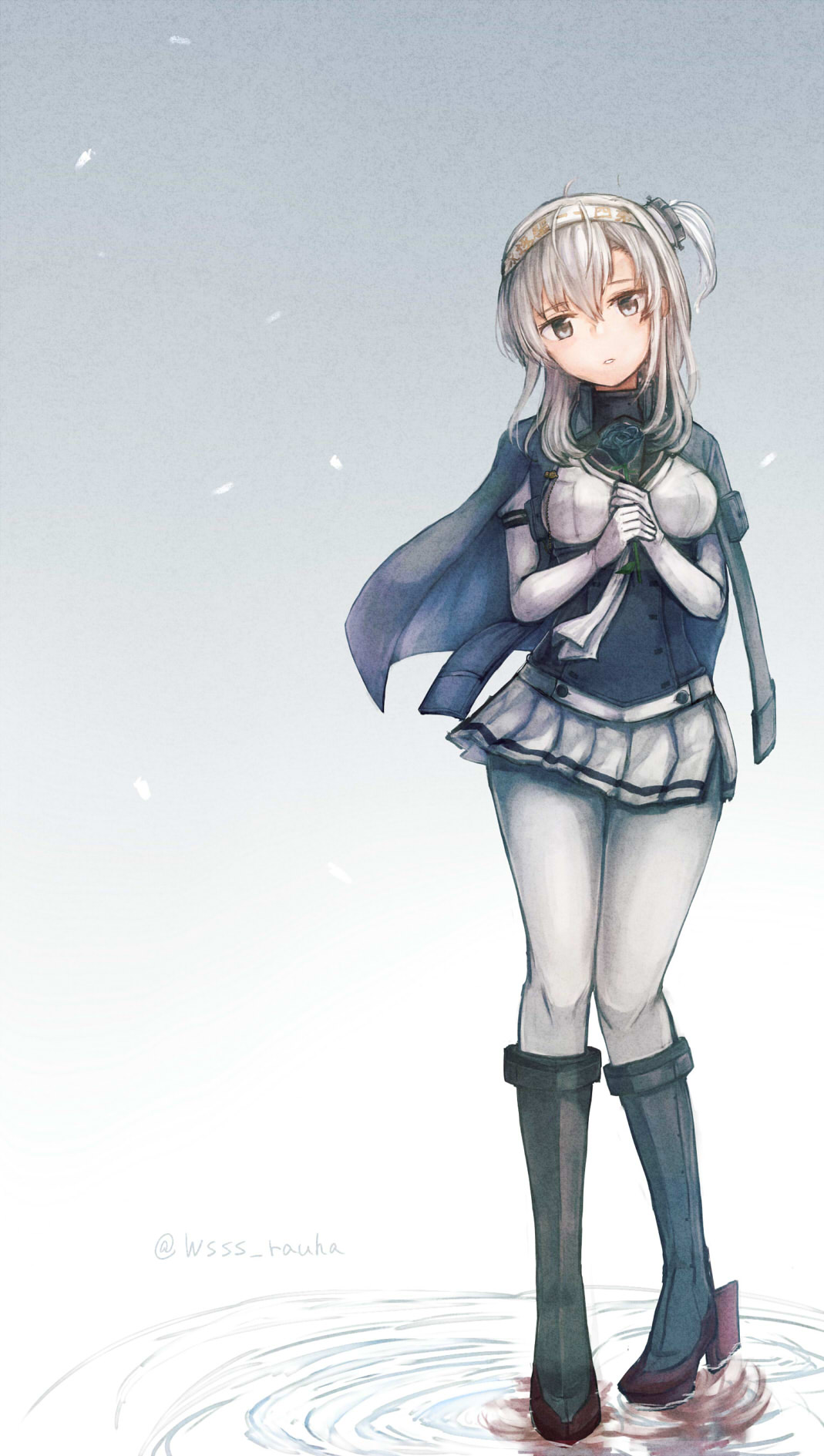 1girl bangs black_flower blush bodysuit breasts cape clothes_writing flower gradient gradient_background grey_cape grey_eyes hachimaki headband highres holding holding_flower kantai_collection medium_breasts one_side_up pleated_skirt revision ripples rose sailor_collar silver_hair simple_background skirt solo standing suzutsuki_(kancolle) twitter_username water white_bodysuit wss_(nicoseiga19993411)