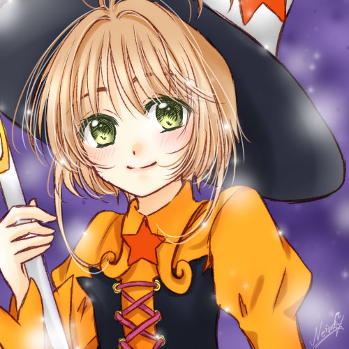 1girl bangs blush cardcaptor_sakura closed_mouth green_eyes hair_between_eyes hair_intakes hat holding kanaoto_neiro kinomoto_sakura light_brown_hair long_sleeves looking_at_viewer lowres orange_shirt shirt short_hair_with_long_locks sidelocks sketch smile solo upper_body witch_hat