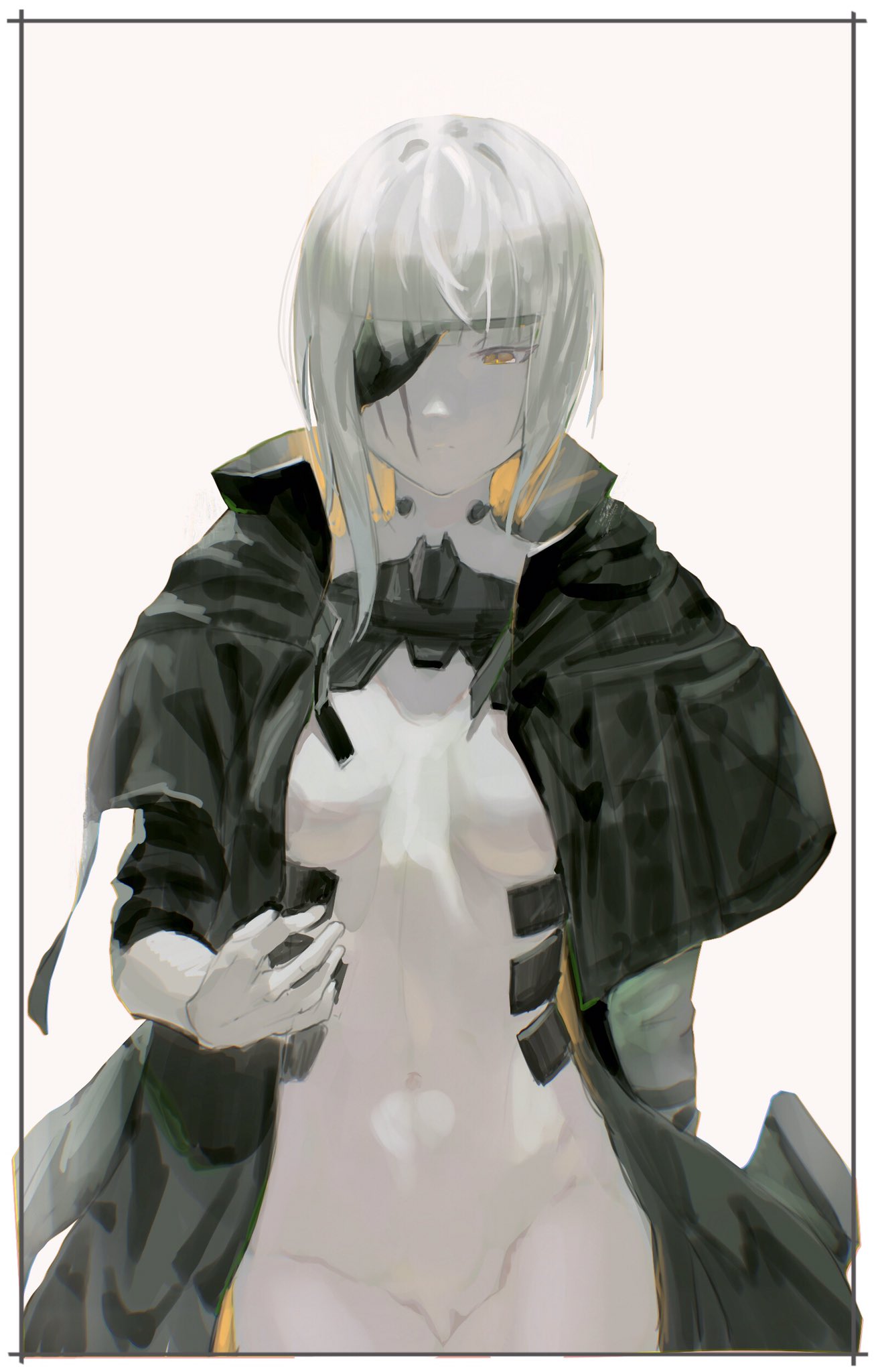 1girl bangs black_coat border bottomless breasts closed_mouth coat eyepatch girls_frontline high_collar highres lynchis m16a1_(girls_frontline) m16a1_(girls_frontline)_(boss) medium_breasts no_bra no_panties no_underwear pale_skin sangvis_ferri scar scar_across_eye scar_on_face short_hair sidelocks simple_background solo white_hair yellow_eyes