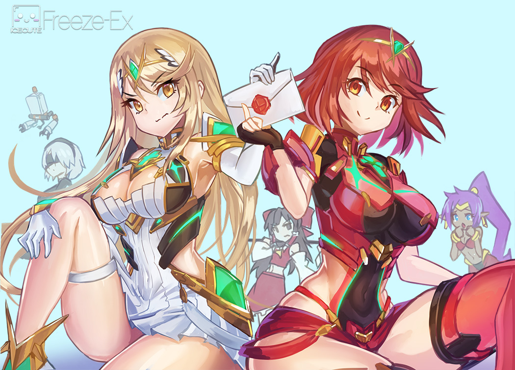 5girls aegis_sword_(xenoblade) arabian_clothes ascot bangs bare_legs bare_shoulders black_blindfold black_dress black_gloves blindfold blonde_hair bow bracer breasts brown_eyes brown_hair chest_jewel cleavage_cutout clothing_cutout crossover dark_skin dark-skinned_female detached_sleeves dress earrings elbow_gloves fingerless_gloves freeze-ex gem gloves hair_bow hair_tubes hairband hakurei_reimu harem_pants hat headpiece hoop_earrings jewelry large_breasts long_hair mole mole_under_mouth multiple_crossover multiple_girls mythra_(xenoblade) nier_(series) nier_automata open_mouth pants pod_(nier_automata) pointy_ears pointy_footwear pyra_(xenoblade) red_eyes red_legwear red_shorts redhead ribbon shantae_(character) shantae_(series) short_dress short_hair short_shorts shorts silver_hair smash_invitation smile super_smash_bros. swept_bangs thigh-highs thigh_strap tiara touhou white_dress white_footwear white_gloves white_hair xenoblade_chronicles_(series) xenoblade_chronicles_2 yellow_eyes yorha_no._2_type_b