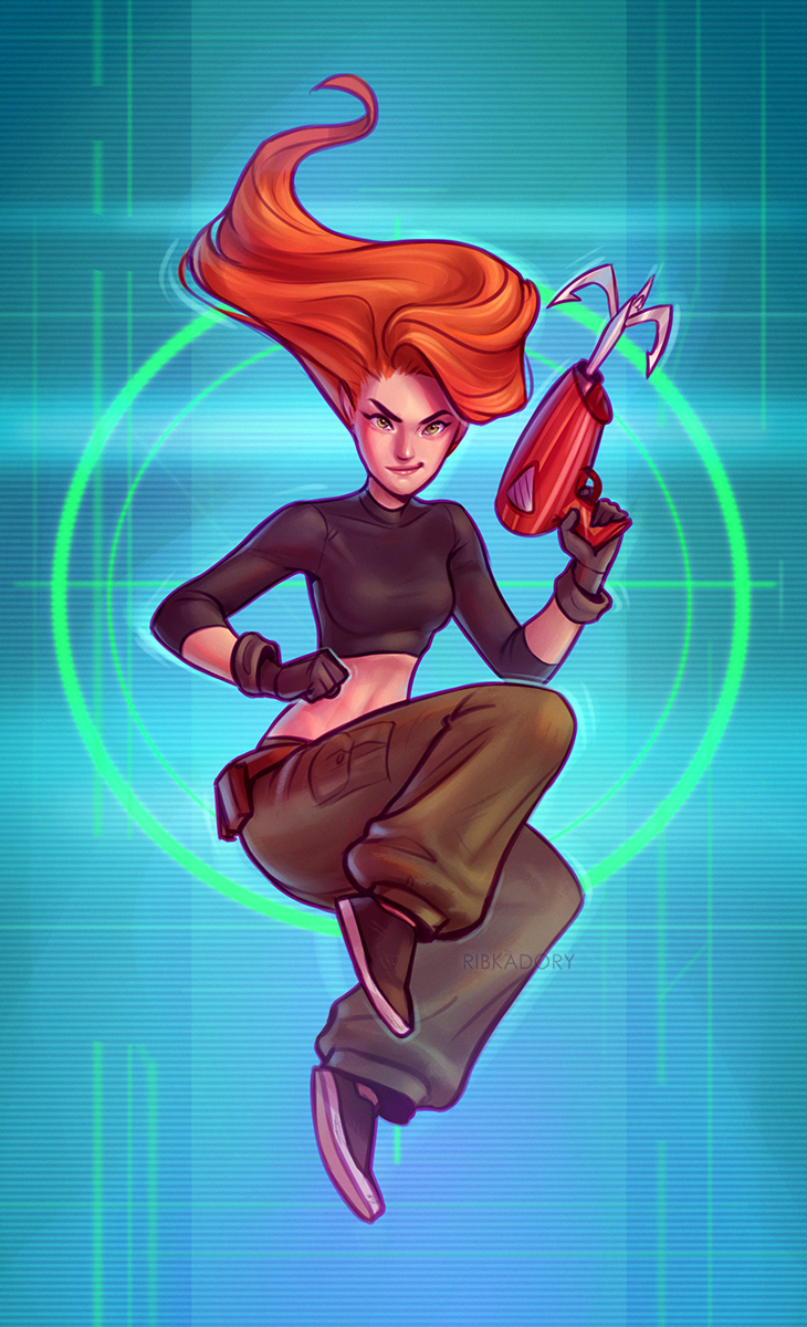 1girl baggy_pants belt black_footwear cargo_pants crop_top gloves grappling_hook green_eyes hair_dryer highres kim_possible loose_belt midair midriff orange_hair pants ribkadory turtleneck