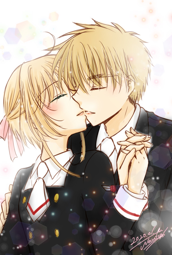 1boy 1girl ahoge bangs black_shirt blonde_hair cardcaptor_sakura closed_eyes collared_shirt couple eyebrows_visible_through_hair hair_between_eyes hair_ribbon hetero holding_hands imminent_kiss interlocked_fingers kanaoto_neiro kinomoto_sakura li_xiaolang light_brown_hair long_sleeves pink_ribbon ribbon school_uniform shirt short_hair_with_long_locks sidelocks tomoeda_elementary_school_uniform upper_body white_background white_neckwear wing_collar