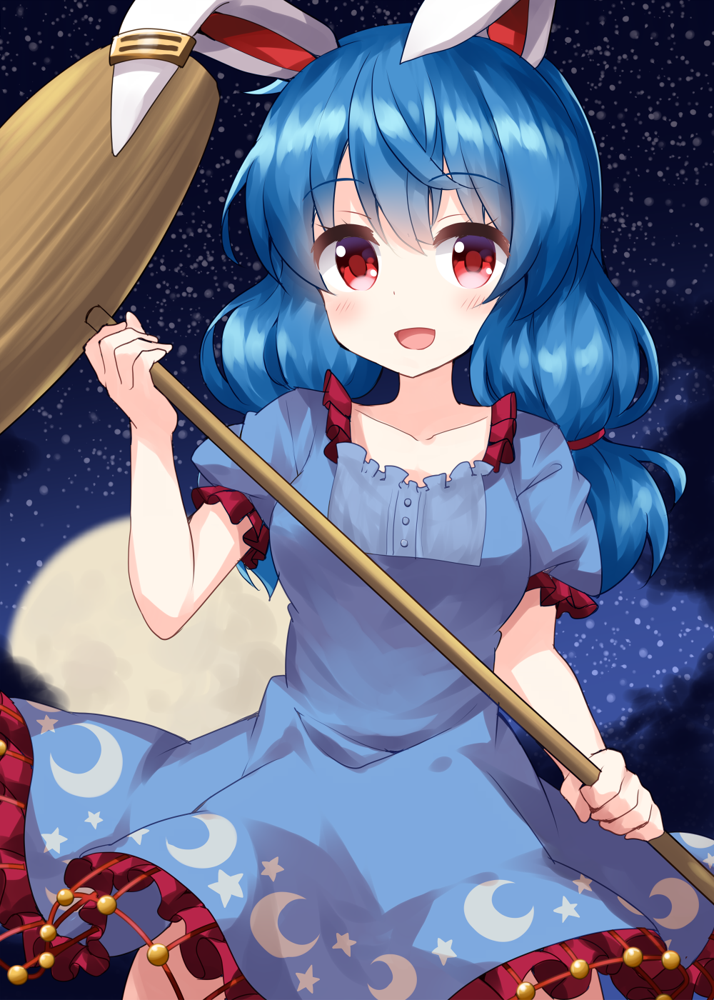 1girl animal_ears bangs blue_dress blue_hair breasts cowboy_shot crescent_print dress ear_clip eyebrows_visible_through_hair full_moon highres holding holding_mallet kine long_hair looking_at_viewer low_twintails mallet medium_breasts moon night open_mouth rabbit_ears red_eyes ruu_(tksymkw) seiran_(touhou) short_sleeves sky smile solo standing star_(sky) star_(symbol) star_print starry_sky touhou twintails yellow_moon