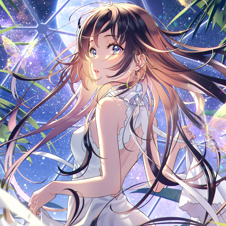 1girl backless_dress backless_outfit bare_shoulders blue_eyes blush brown_hair dress earrings earth_(planet) frilled_dress frills jewelry lips long_hair looking_back morikura_en night night_sky original parted_lips planet plant sky sleeveless solo standing star_(sky) starry_sky white_dress