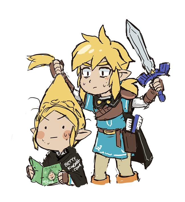 1boy 1girl bettykwong blonde_hair blue_shirt blush_stickers comb cutting_hair fingerless_gloves furrowed_eyebrows gloves hair_brush holding holding_hair link magazine master_sword pointy_ears princess_zelda shirt sidelocks sweat the_legend_of_zelda the_legend_of_zelda:_breath_of_the_wild tingle