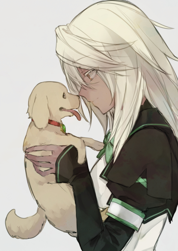 1girl animal bangs blonde_hair breasts dark_skin dark-skinned_female dog eyebrows_visible_through_hair green_neckwear grey_background guilty_gear guilty_gear_strive hair_between_eyes holding holding_animal holding_dog long_hair long_sleeves maka_(morphine) profile puppy ramlethal_valentine simple_background sleeves_past_wrists smile yellow_eyes