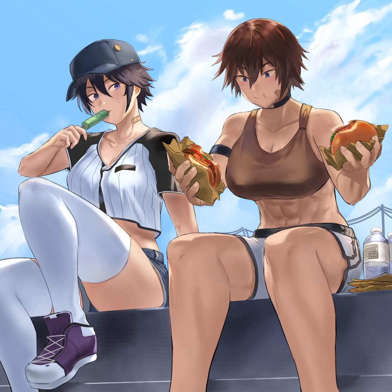 2girls :t abs bandaid bandaid_on_neck baseball_cap black_hair blue_eyes brown_hair choker crop_top day eating food hamburger hat highres holding holding_food hun_yan looking_at_another multiple_girls navel original outdoors popsicle shoes short_hair shorts sitting sneakers sports_bra sweatdrop thigh-highs tomboy violet_eyes white_legwear wrapper