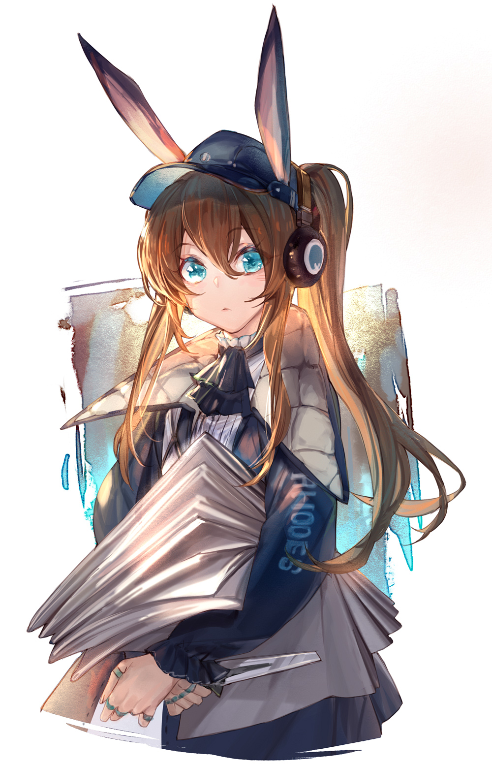 1girl :&lt; achan_(blue_semi) amiya_(arknights) animal_ears arknights ascot bangs baseball_cap black_headwear black_jacket black_neckwear blue_eyes brown_hair closed_mouth cropped_torso ears_through_headwear eyebrows_visible_through_hair gradient gradient_background grey_background hair_between_eyes hat headphones highres jacket jewelry long_hair long_sleeves looking_at_viewer object_hug ponytail rabbit_ears ring shirt sidelocks solo upper_body very_long_hair white_background white_shirt