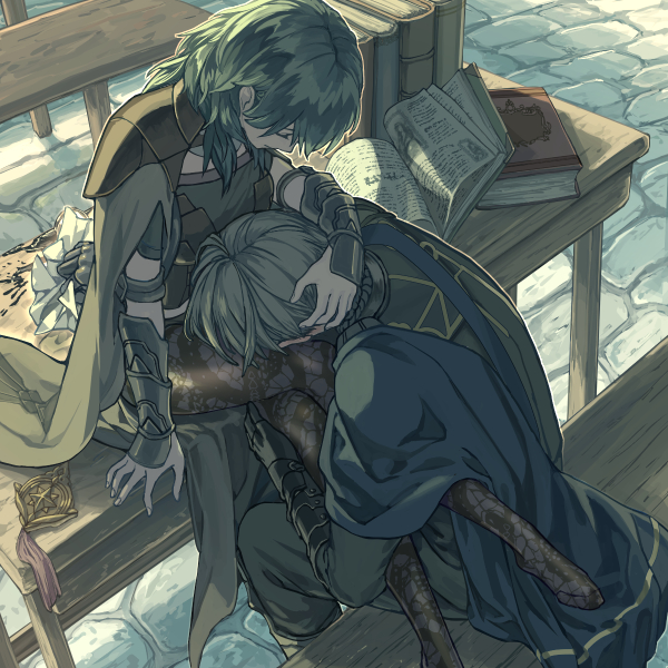 1boy 1girl bench black_legwear blue_cape brown_cape byleth_(fire_emblem) byleth_eisner_(female) cape closed_eyes couple dimitri_alexandre_blaiddyd fire_emblem fire_emblem:_three_houses green_hair hand_in_another's_hair harusame_(rueken) hetero indoors long_hair pantyhose shiny shiny_hair sitting sitting_on_table