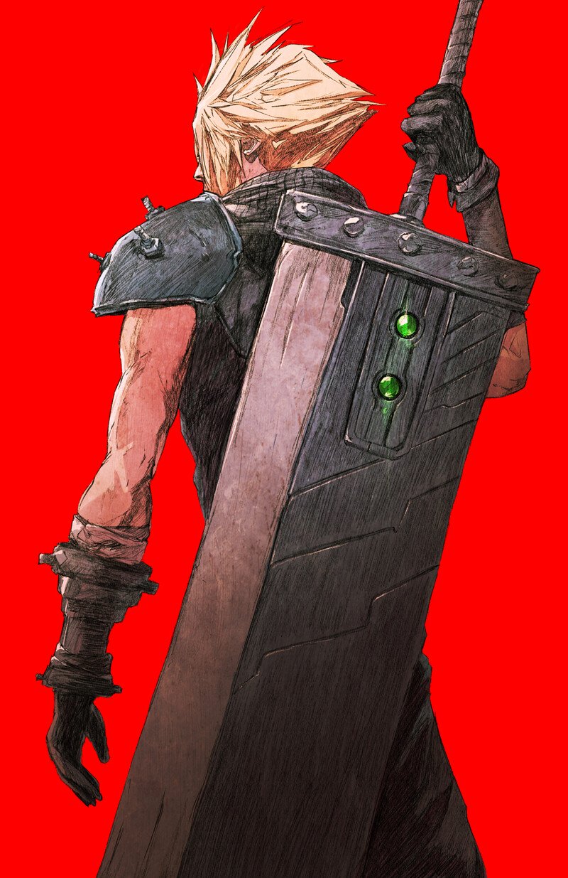 1boy armor black_gloves blonde_hair buster_sword chun_lo cloud_strife duplicate english_commentary final_fantasy final_fantasy_vii final_fantasy_vii_remake from_behind gloves hatching_(texture) highres holding holding_sword holding_weapon huge_weapon male_focus materia red_background ribbed_shirt shirt shoulder_armor simple_background sleeveless sleeveless_turtleneck spiky_hair standing sword sword_behind_back turtleneck weapon