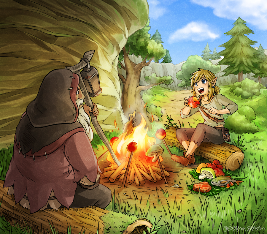 2boys beard blonde_hair blue_eyes campfire cliff daphnes_nohansen_hyrule facial_hair fish food grass hood link log looking_at_another meat multiple_boys mushroom open_mouth pine_tree pointy_ears sayoyonsayoyo sheikah_slate smile the_legend_of_zelda the_legend_of_zelda:_breath_of_the_wild tree white_hair